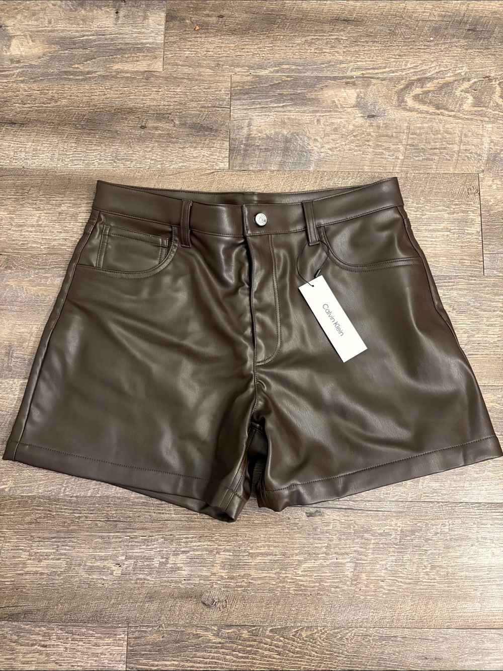 Calvin Klein Dark Brown Faux-Leather High-Waist Shorts